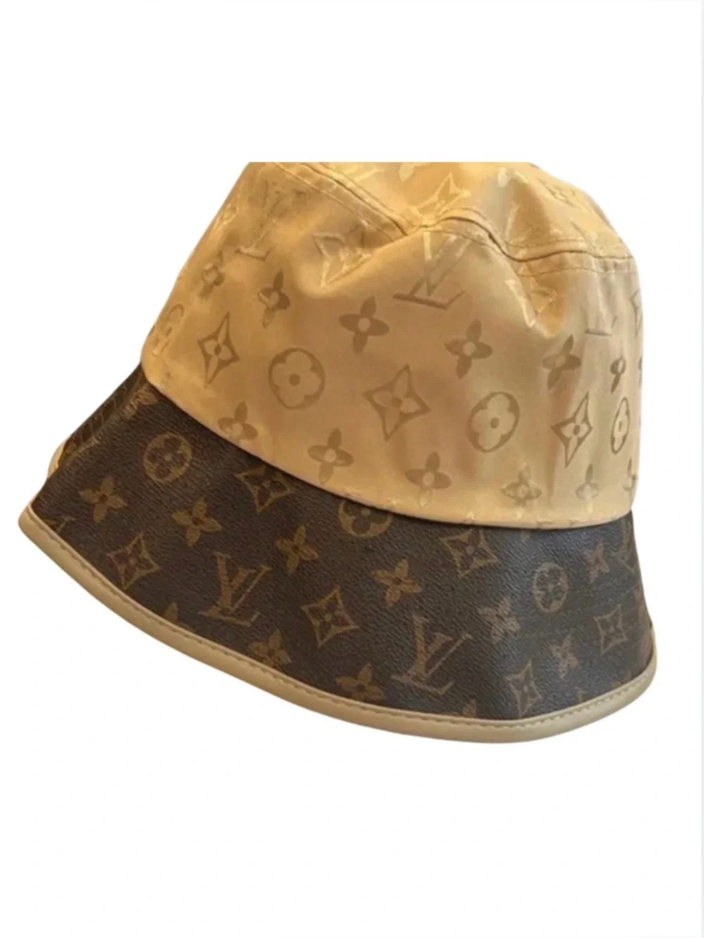 HAT: Brown & Beige Polyester Monogram & PU Leather Bucket, NWT